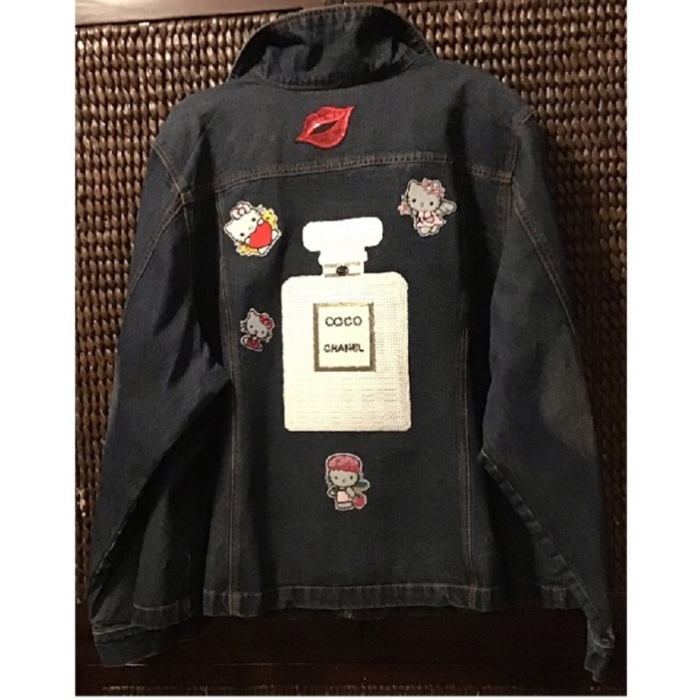 Beautiful revamped Venezia dark denim jacket with custom patch work.EUC - Picture 8 of 12